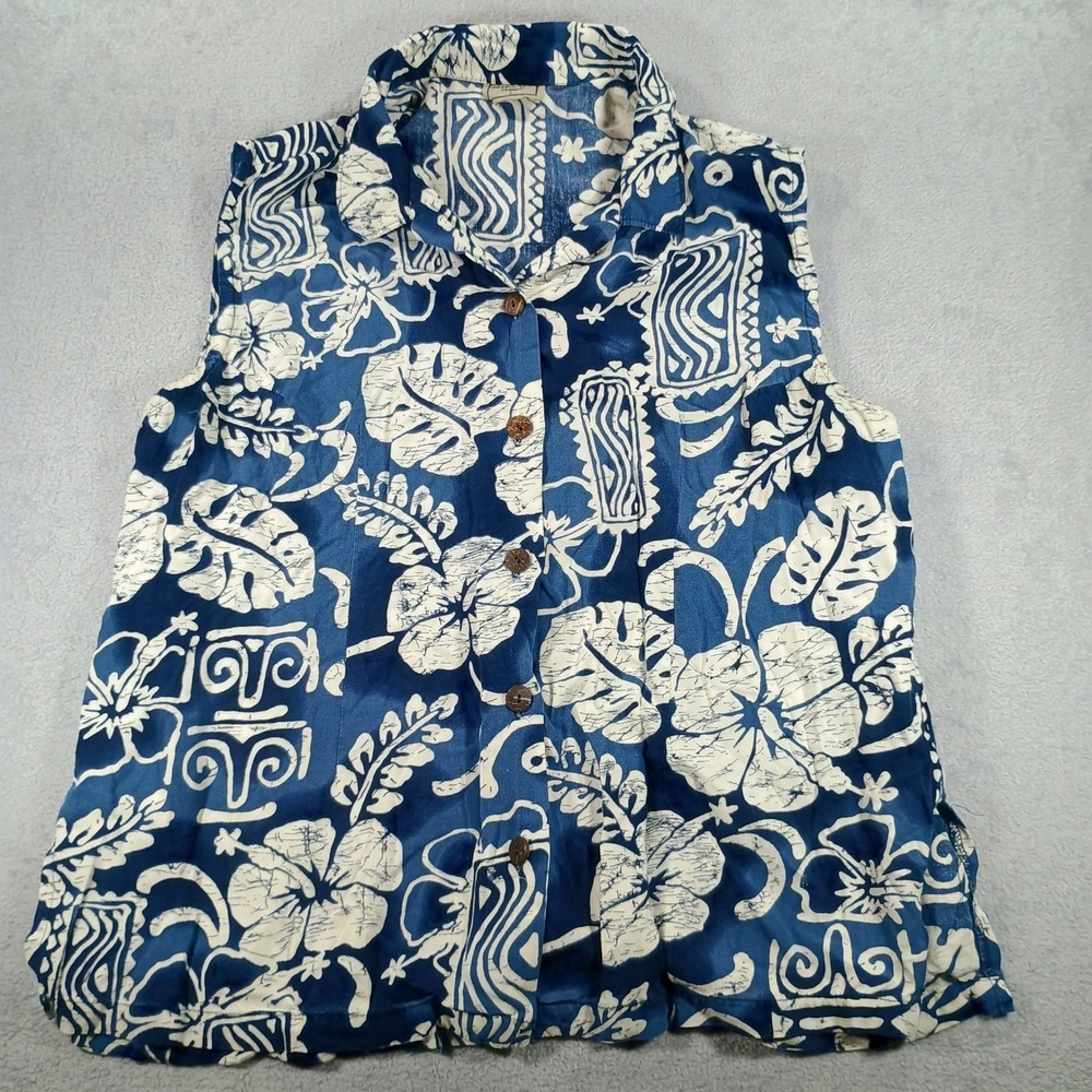 Aloha Hut Womens Sleeveless Top Blue Hibiscus L Tropical Button Down‎